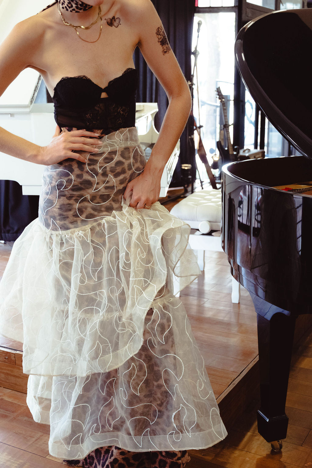 Sheer embroidered organza overlay skirt