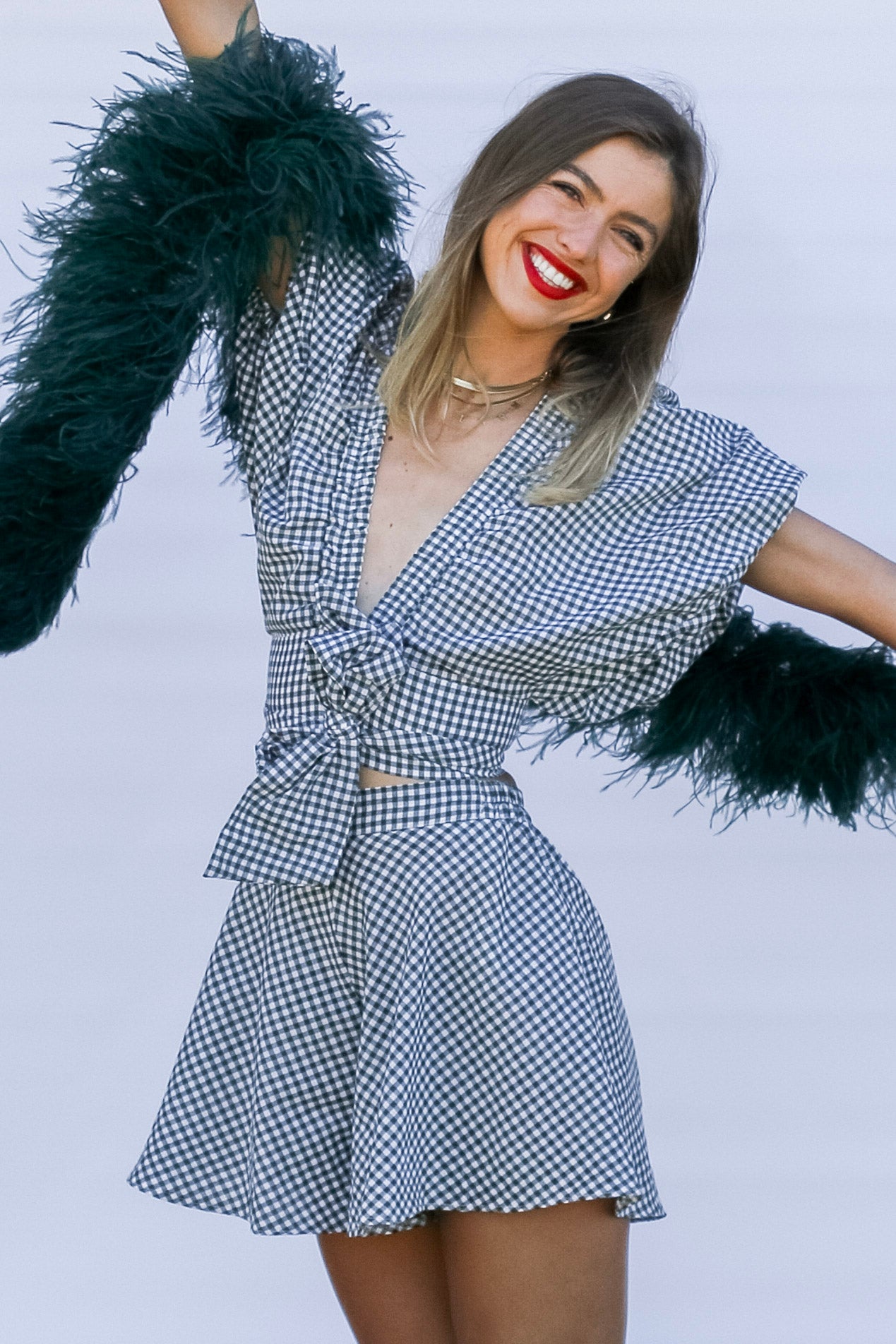 Green Gingham Puff Wrap Top