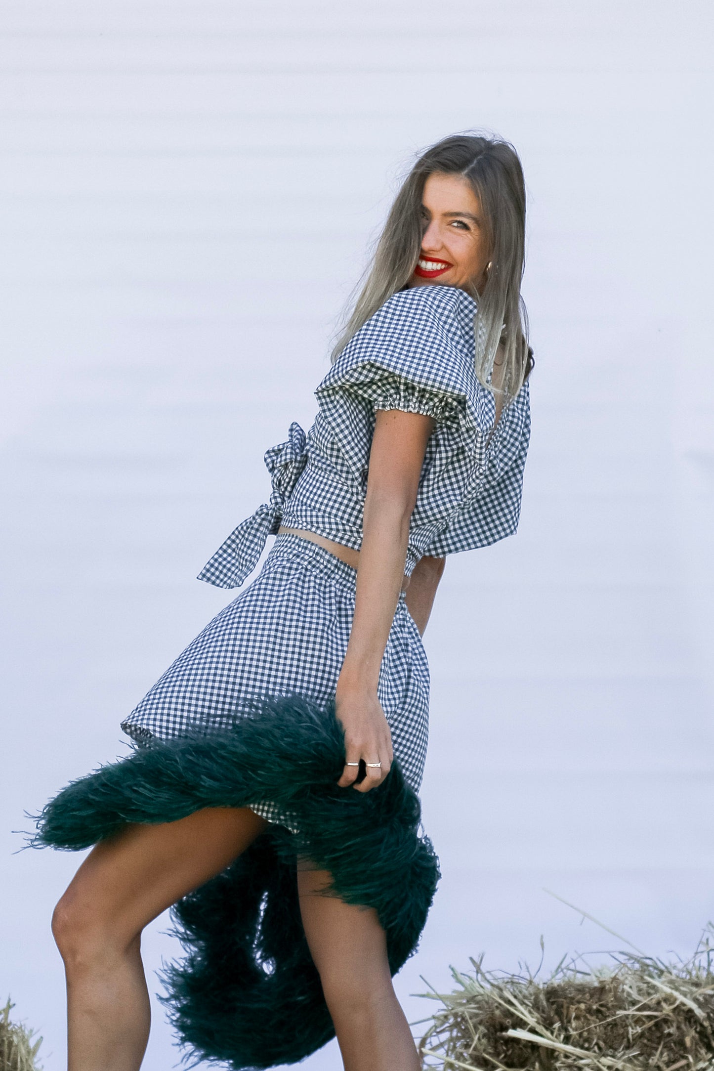 Green Gingham Puff Wrap Top