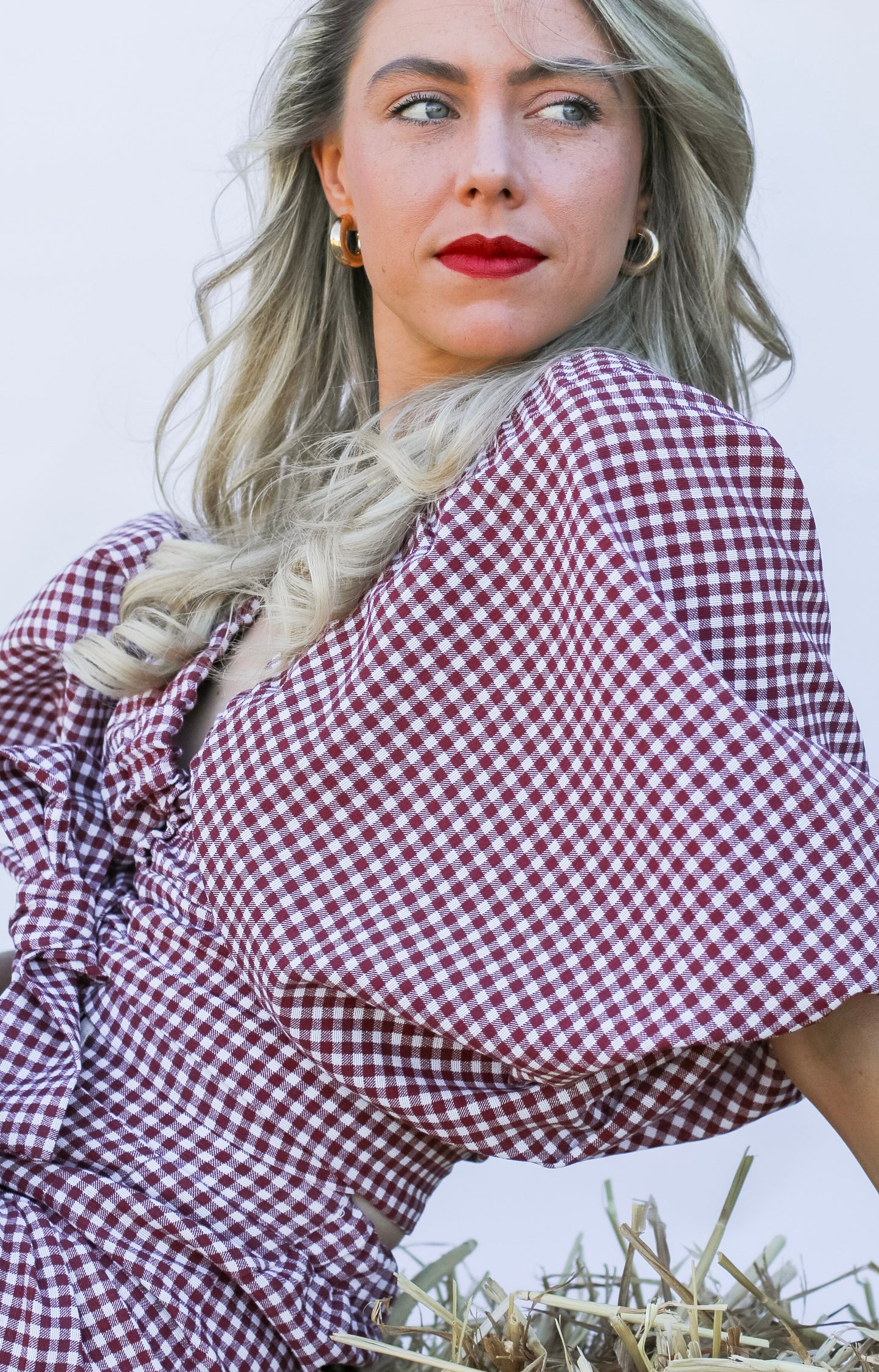 Puff wrap sleeve top gingham