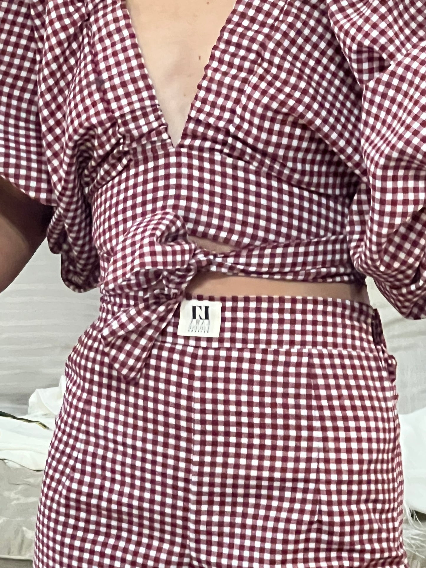 Puff wrap sleeve top gingham