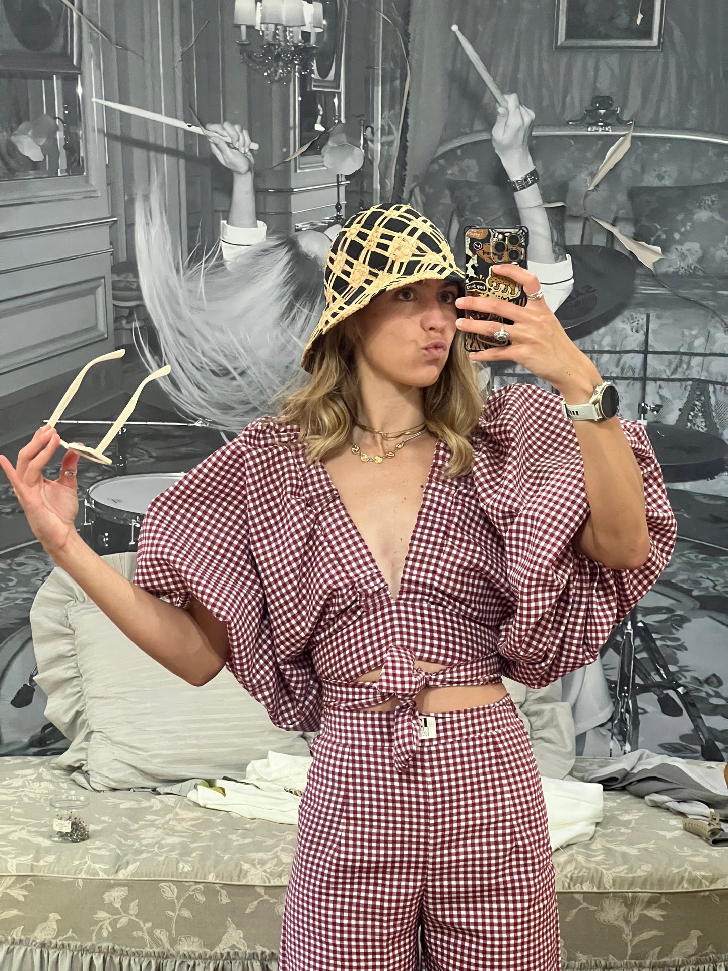 Puff wrap sleeve top gingham