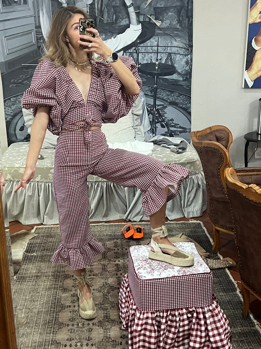 Puff wrap sleeve top gingham