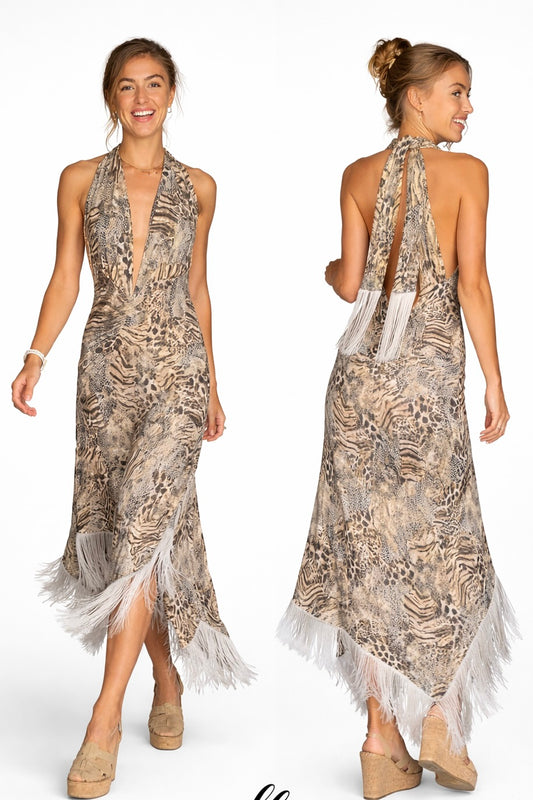 Animal Print Halter Fringe Dress