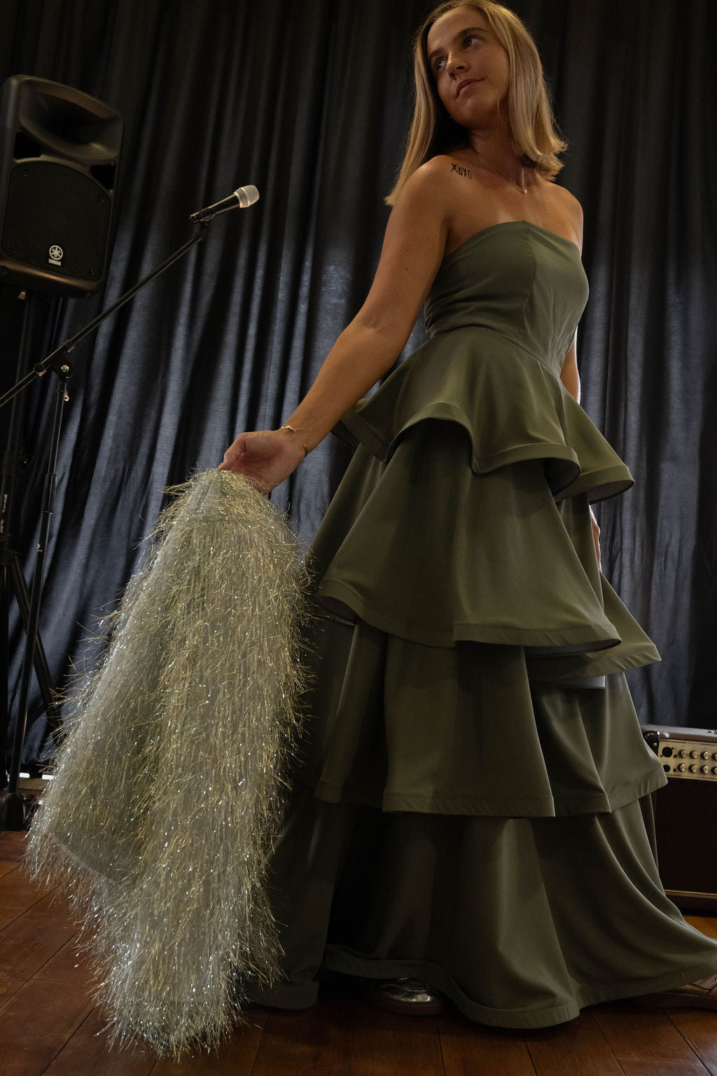 Olive layered strapless dress