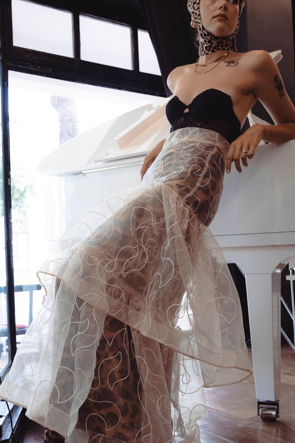 Sheer embroidered organza overlay skirt
