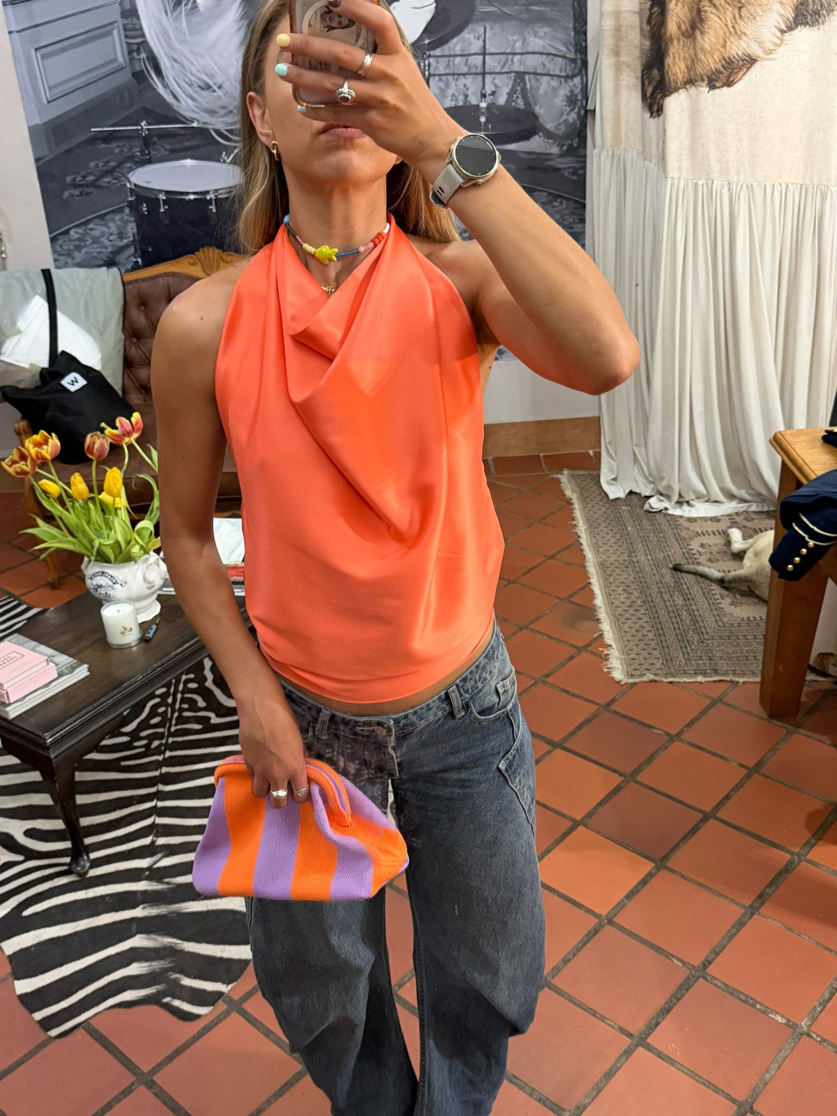 Two Way Top – Coral, cowl neck close-up