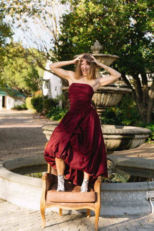 Burgandy Balloon Dropped Waist Dress