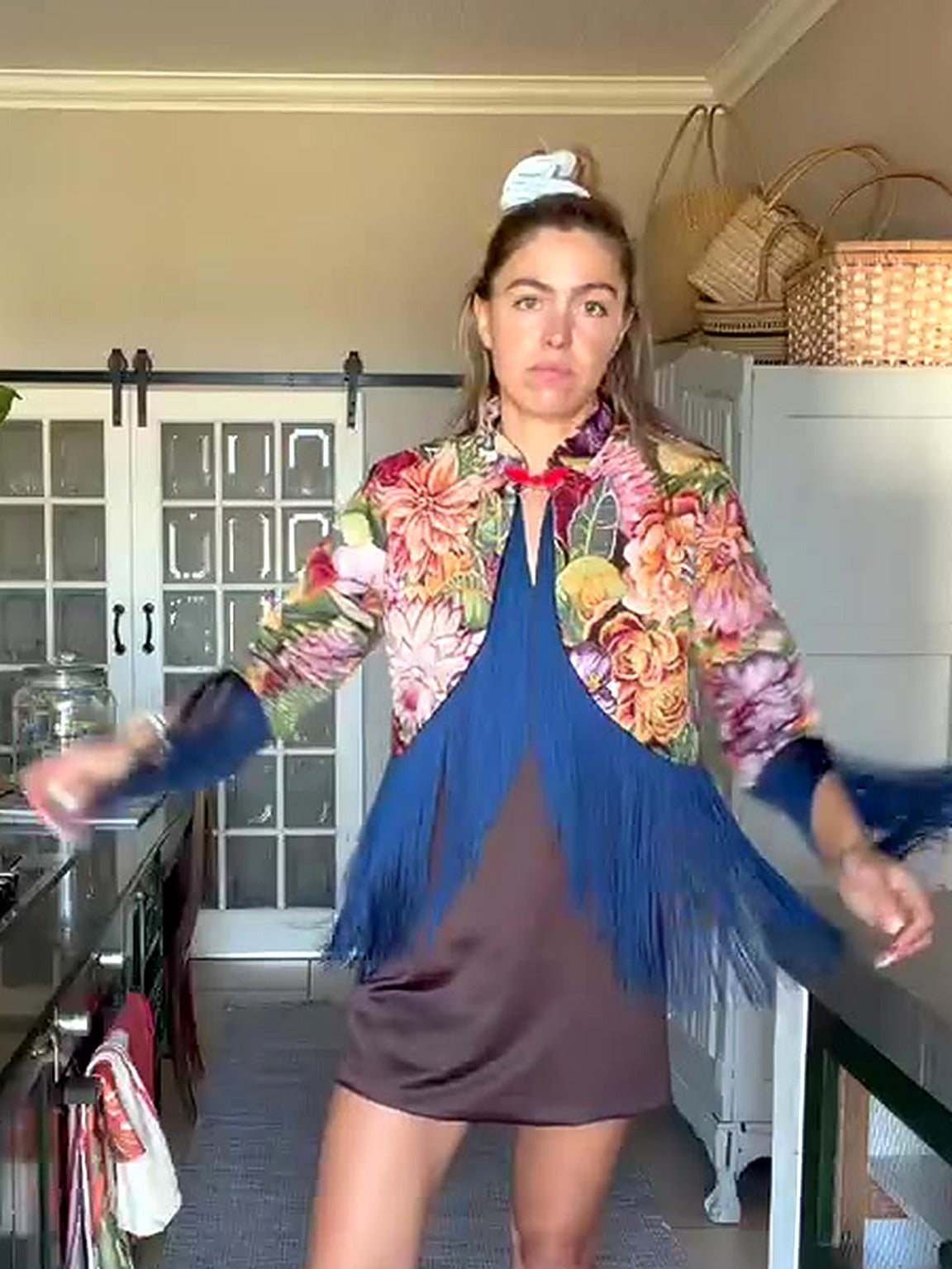 The Floral Fringe Jacket in Blue, front
