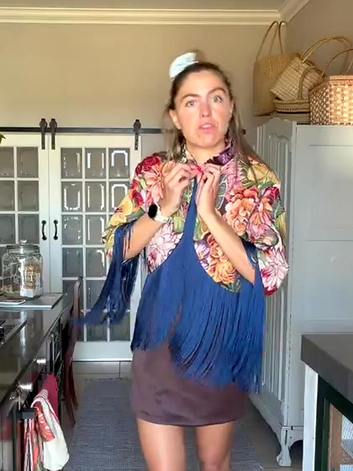The Floral Fringe Jacket in Blue, styled