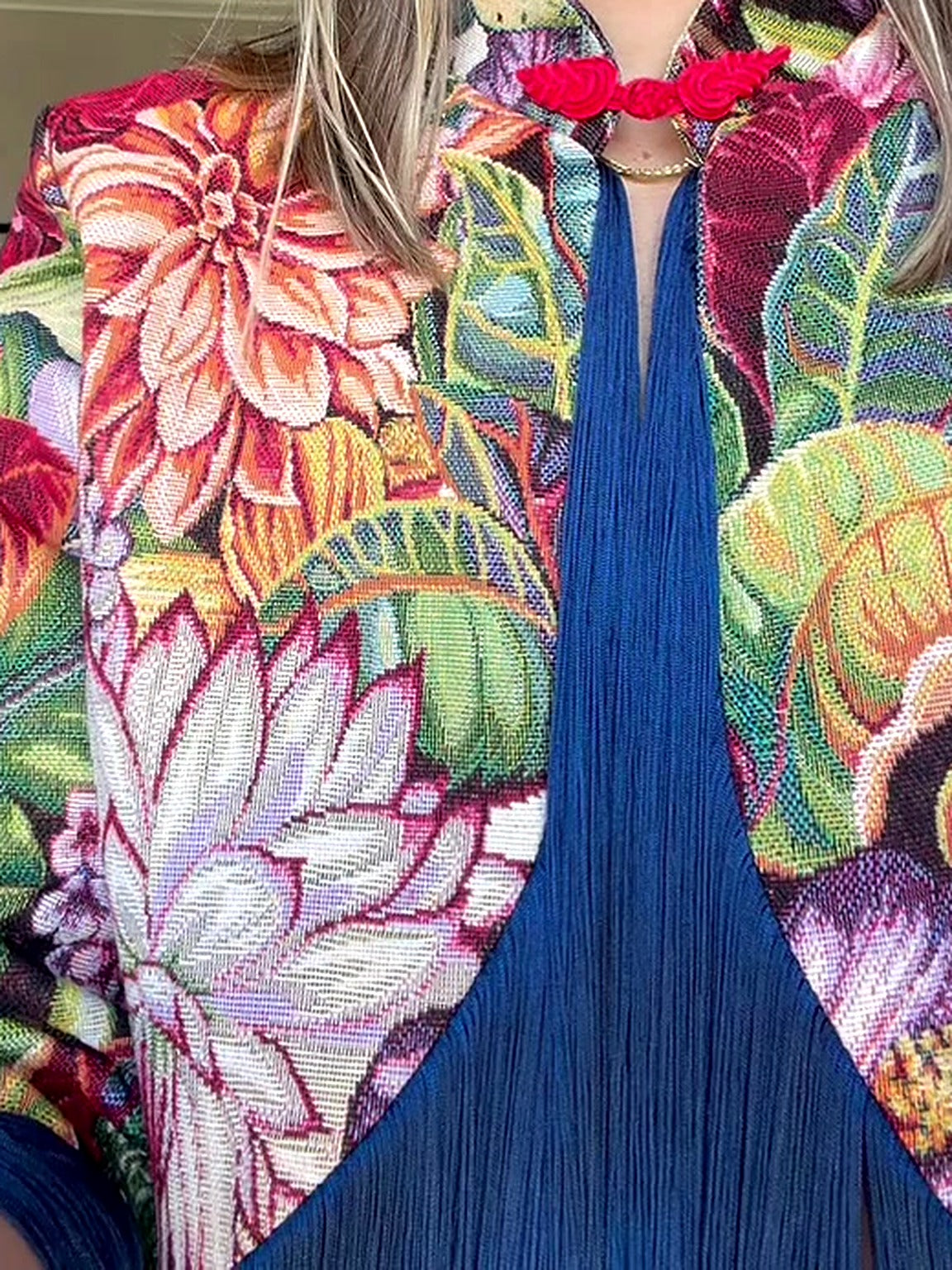 The Floral Fringe Jacket in Blue, close-up