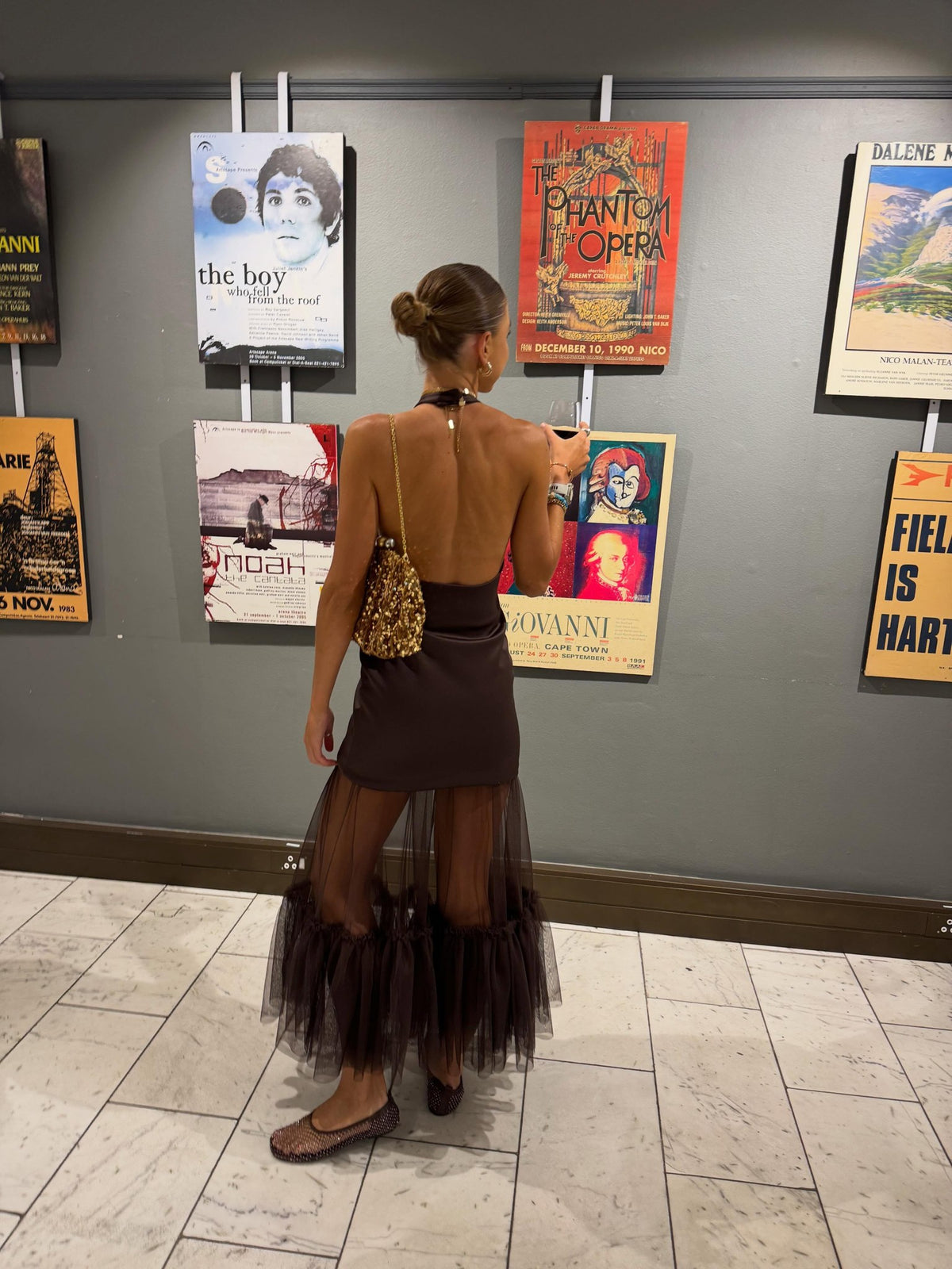 The Opera Dress in Chocolate Brown - halter scuba mini with tulle skirt, view 2