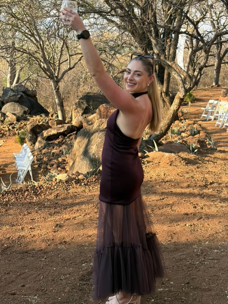 The Opera Dress in Chocolate Brown - halter scuba mini with tulle skirt, view 4