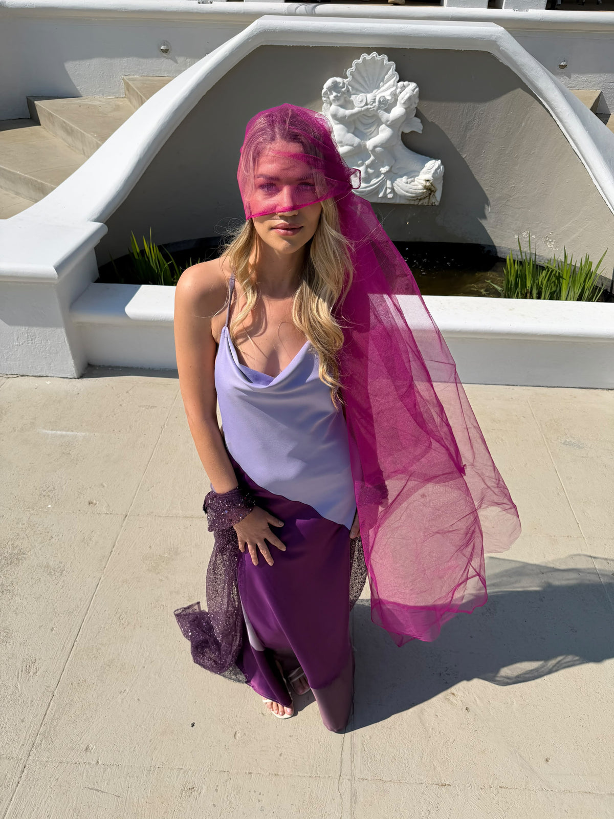The Wisteria Dress in Lilac & Plum - two-tone satin cowl gown
